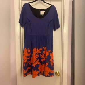 Anthropologie Blue/black dress with coral color flowers at bottom